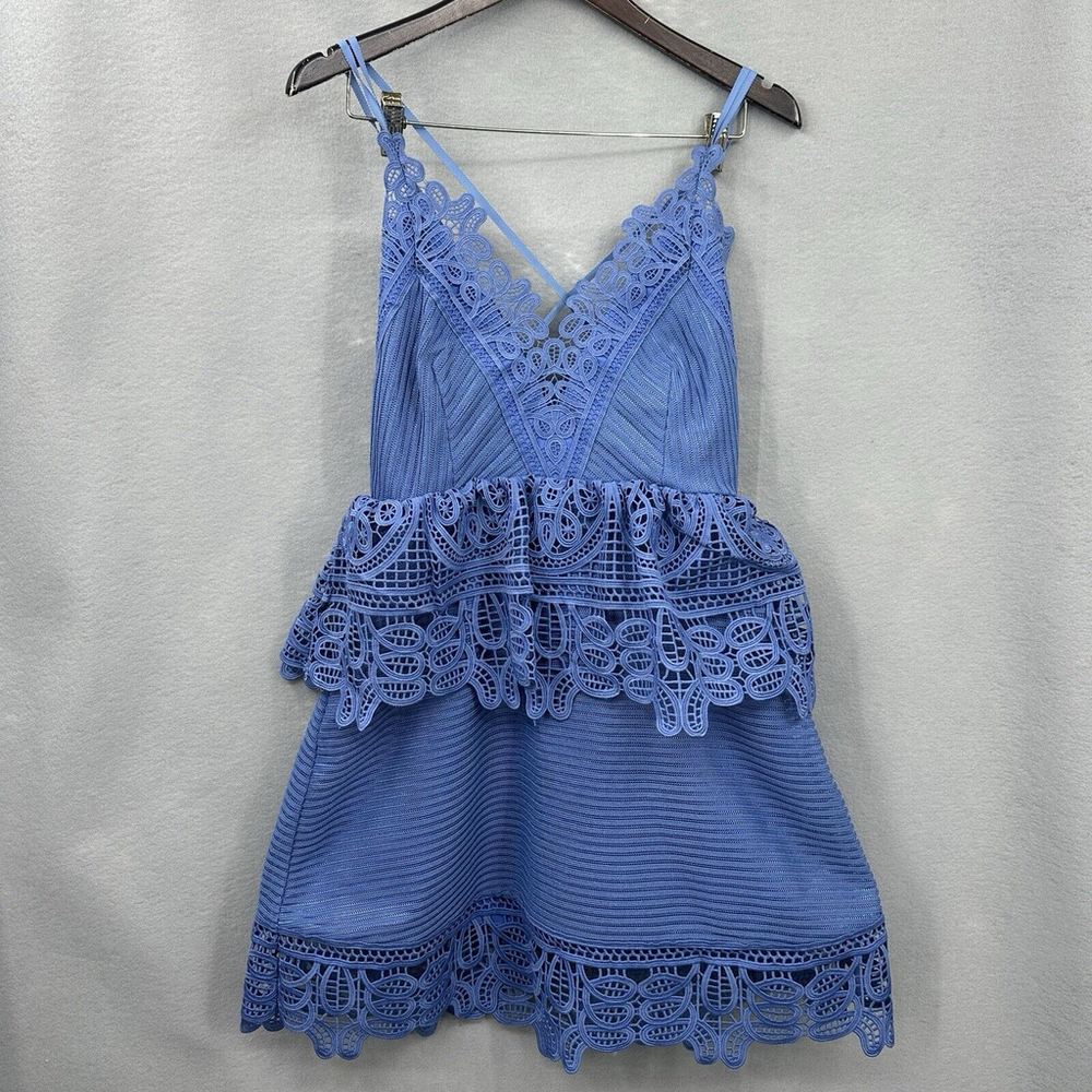 Self Portrait Guipure Dress Peplum Womens 8 Blue Lace Tiered Coquette Mini